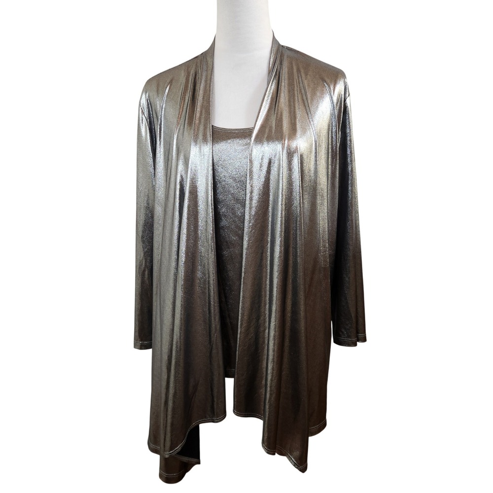 Slinky Brand Womens XL Silver Metallic Tank Top & Long Cardigan Set Made in USA